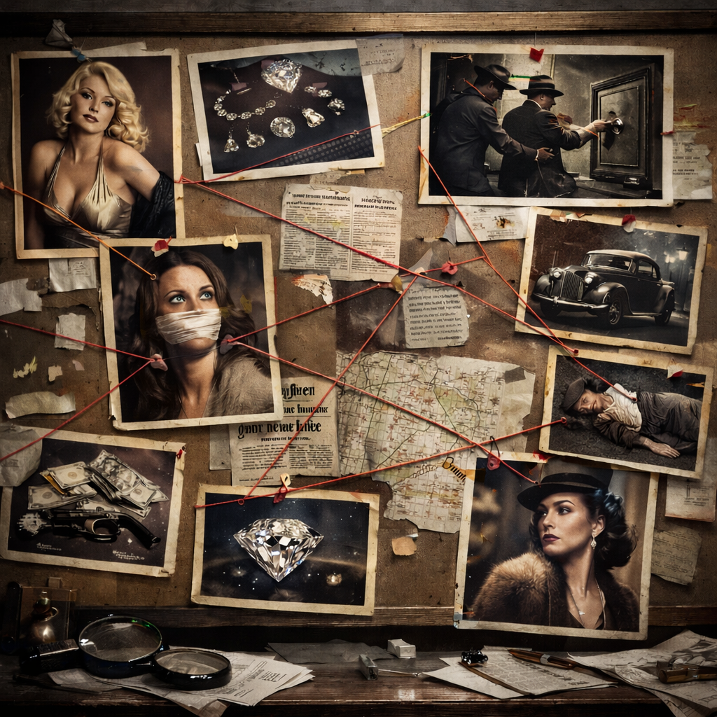 Crime investigation board with photographs and red string connections